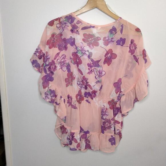 Candie's Floral Pink Flutter Butterfly Sleeve Blouse Top Cinched Waist Sz M - Picture 2 of 9